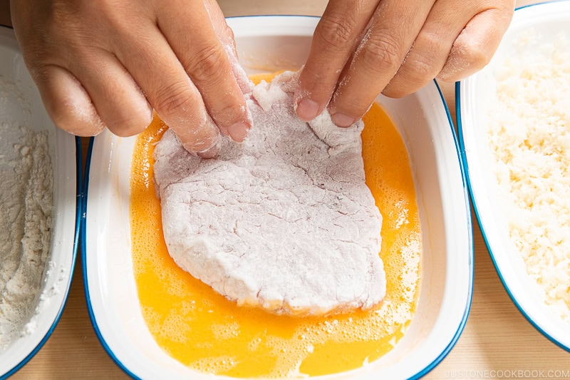 Dredge the cutlets in flour, then the egg mixture, then the panko mixture.